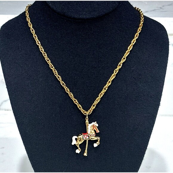 Vintage Carousel Horse Pendant Necklace Gold Tone Enamel Whimsy - Picture 6 of 11